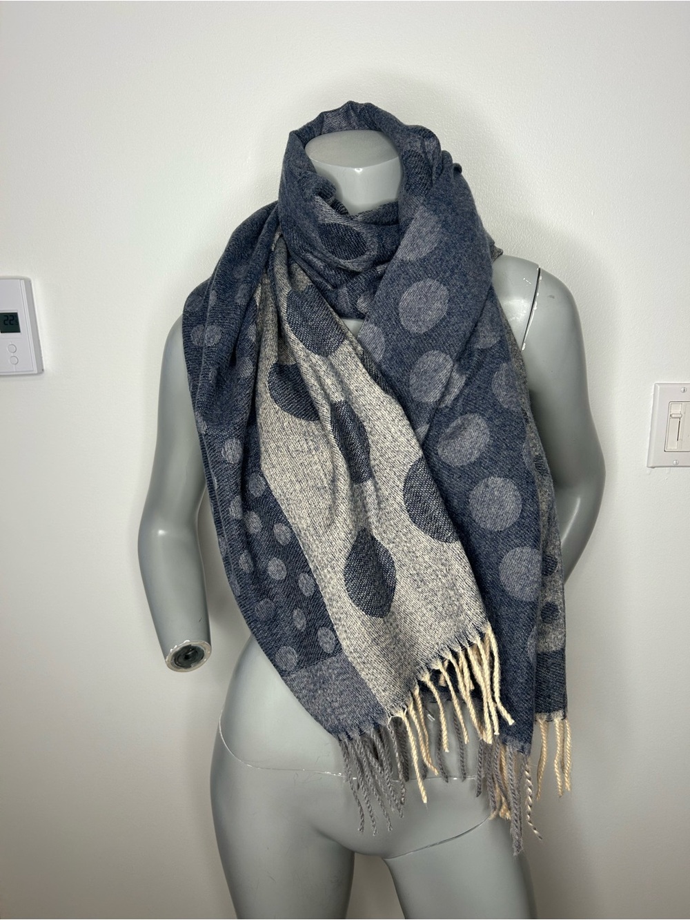 Polka Dot Fringe Wrap Scarf - Charcoal & Light Gray